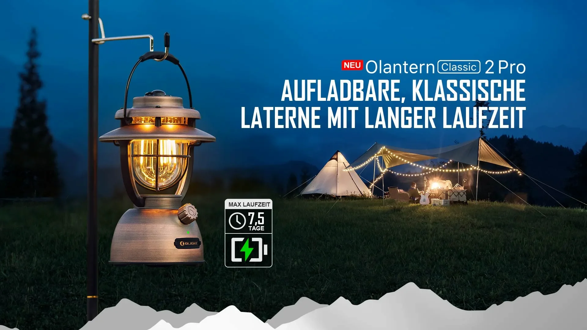 Olantern Classic 2 Pro: aufladbare, klassische Laterne mit langer Laufzeit beleuchtet Camping bei Nacht.