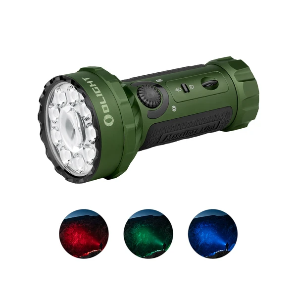 Grüne Olight Marauder Mini Taschenlampe mit roten, grünen und blauen Lichtmodi für Outdoor-Abenteuer