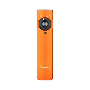Olight Arkfeld flache LED Taschenlampe in Orange mit UV-Licht und Akkuanzeige vor weißem Hintergrund