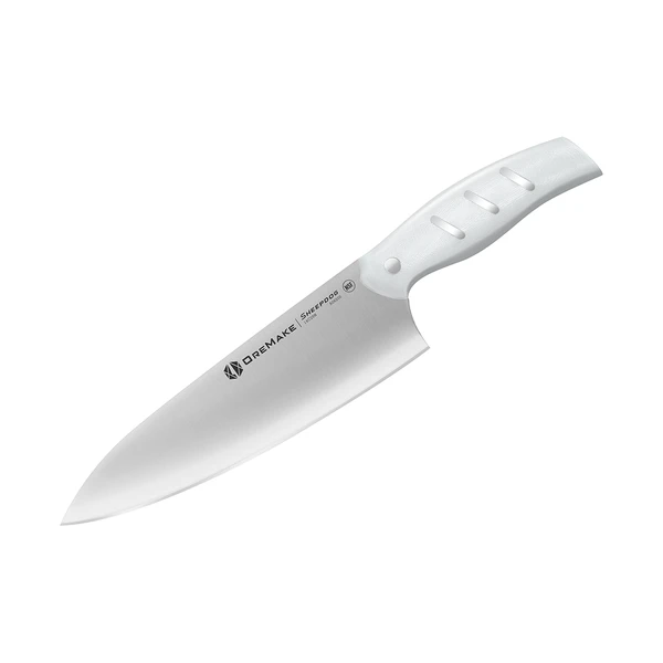 Dremake Sheepdog Kochmesser aus Edelstahl mit ergonomischem weißem Griff vor weißem Hintergrund._
