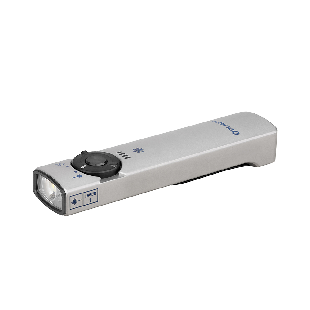 Silberne Präsentationsfernbedienung mit Laserpointer, LED-Licht und Lautstärkeregler von Olight