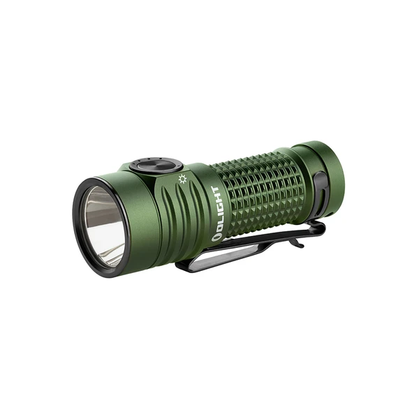 Grüne Olight Taschenlampe mit Clip, robust und kompakt für Outdoor-Abenteuer
