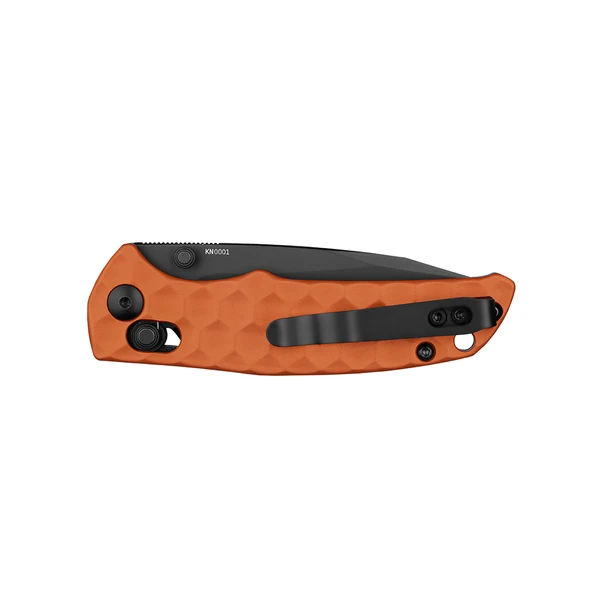Oranges Faltmesser mit schwarzer Klinge, strukturiertem Griff und Gürtelclip. Modell KN0001.
