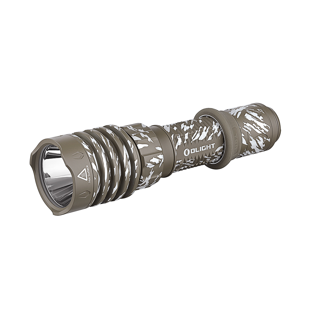 Olight Warrior X 4 Tarnung von der Seite, taktische Taschenlampe für Jagd und Outdoor