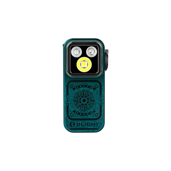 Grüne Olight Oclip Pro S Mini-Taschenlampe mit Kompass-Muster im Größenvergleich für Alltag und EDC
