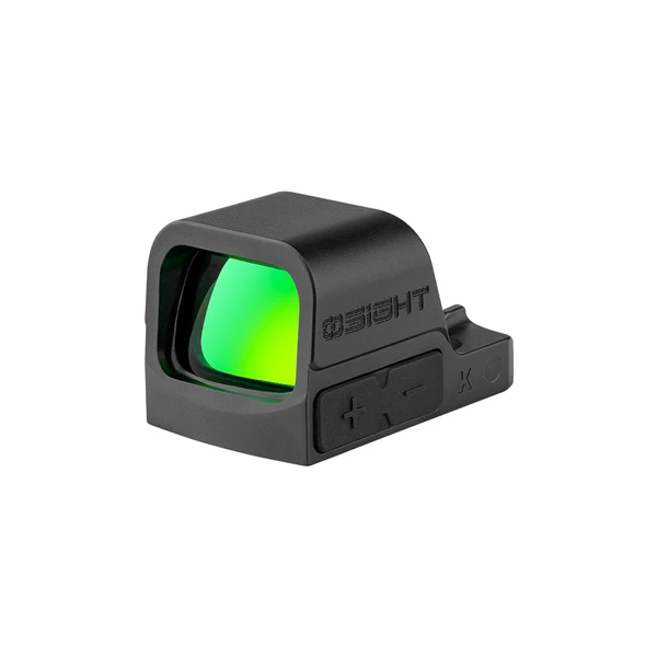 Schwarzes Olight Osight K Rotpunktvisier in der Schrägansicht mit grün reflektierender Linse für präzises Zielen