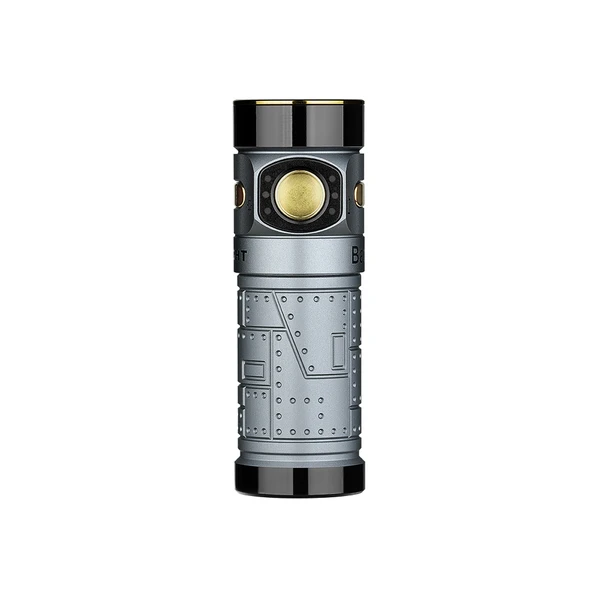 Olight Baton 4 Premium grau-blaue EDC Taschenlampe in Frontansicht mit strukturiertem Gehäuse und goldenem Seitenschalter