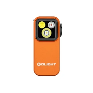 Olight Oclip Pro orange mini Taschenlampe, frontale Ansicht, mit drei Lichtquellen für den täglichen Gebrauch