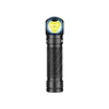 Schwarze Winkelkopf-Taschenlampe, drei gelbe LEDs, blauer Ring, geriffeltes Gehäuse für Outdoor.