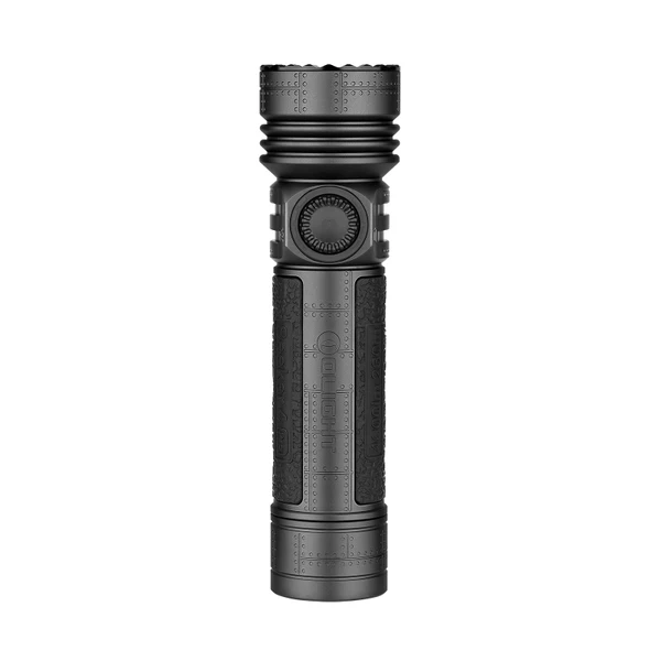 Schwarze Olight Seeker 4 Pro Taschenlampe in Vorderansicht mit rutschfestem Griff für Outdoor und Camping