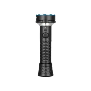 Schwarze LED-Taschenlampe, rutschfestes Design, blaue Akzente, intuitive Bedienelemente, leistungsstarke Outdoor-Beleuchtung