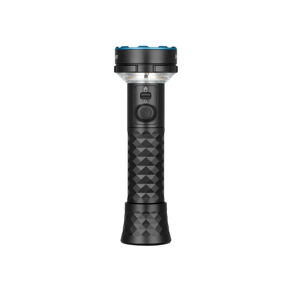 Schwarze LED-Taschenlampe, rutschfestes Design, blaue Akzente, intuitive Bedienelemente, leistungsstarke Outdoor-Beleuchtung