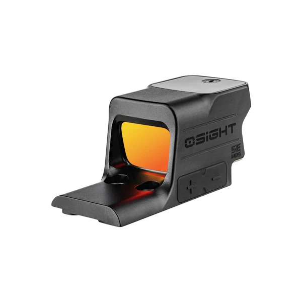 Schwarzes Olight Osight Rotpunktvisier mit orange verspiegelter Linse und seitlichen Bedientasten für Pistolen
