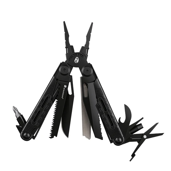 Schwarzes Multitool mit Zange, Säge, Messer und Schraubendreher für Outdoor und Camping auf weißem Hintergrund