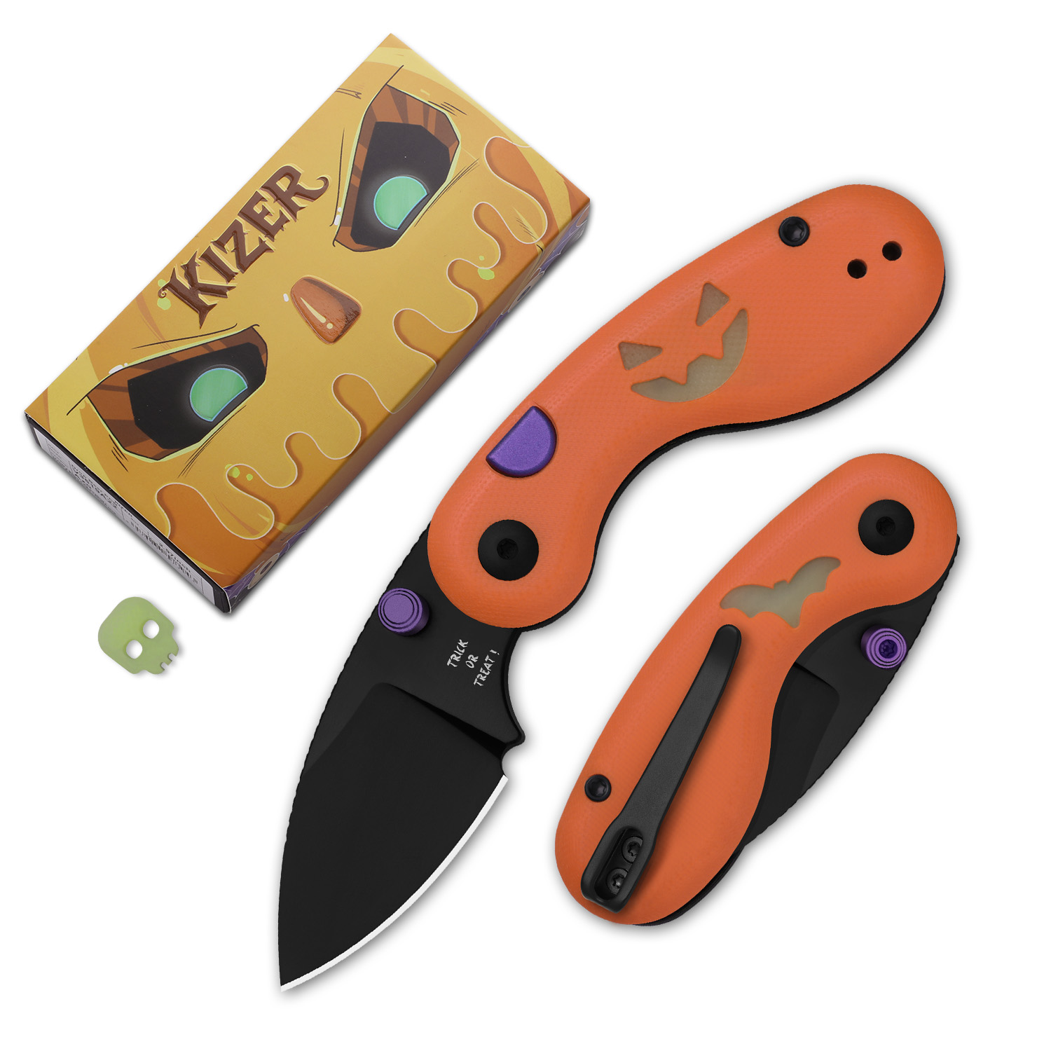 Kizer Halloween Taschenmesser in Orange mit Kürbis-Design, schwarzer Klinge und Trick or Treat Aufdruck samt Box