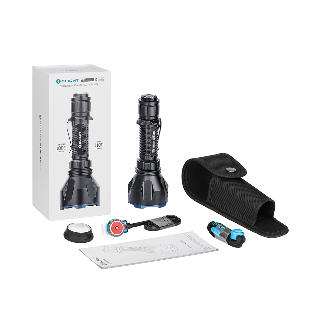 Olight schwarze Warrior X Turbo taktische Taschenlampe mit Zubehör für Notfälle und Outdoor-Aktivitäten.