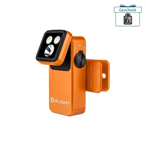 Olight orange LED Clip-Lampe mit verstellbarem Lichtkopf und Befestigungsclip auf weißem Hintergrund
