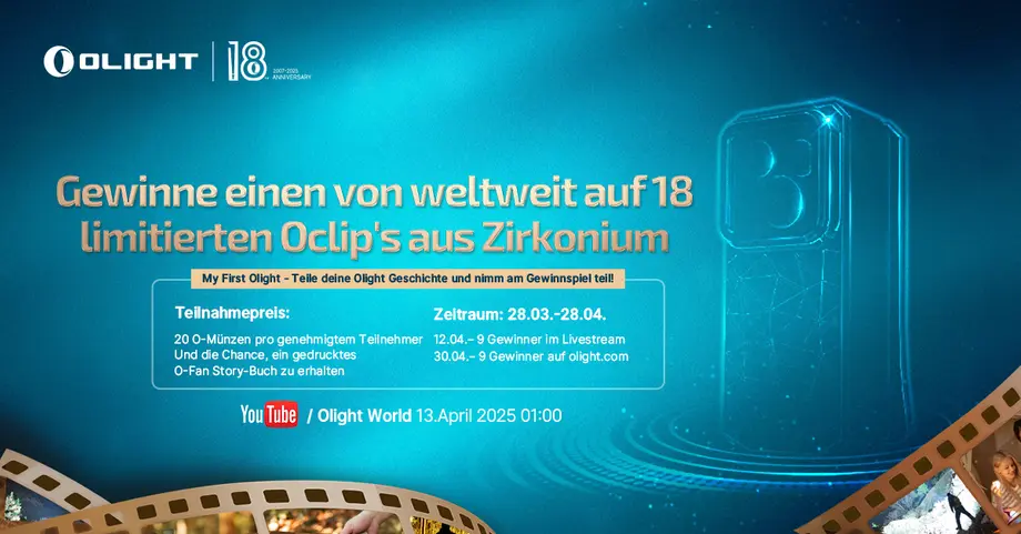 Gewinnspiel für limitierte Oclip's aus Zirkonium von Olight, Teilnahme bis 28.04.2025, Livestream am 12.04. und 30.04. auf YouTube.