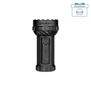 Schwarze Olight Marauder Mini LED Taschenlampe mit digitaler Akkuanzeige und Gratis-Geschenk-Aktion.