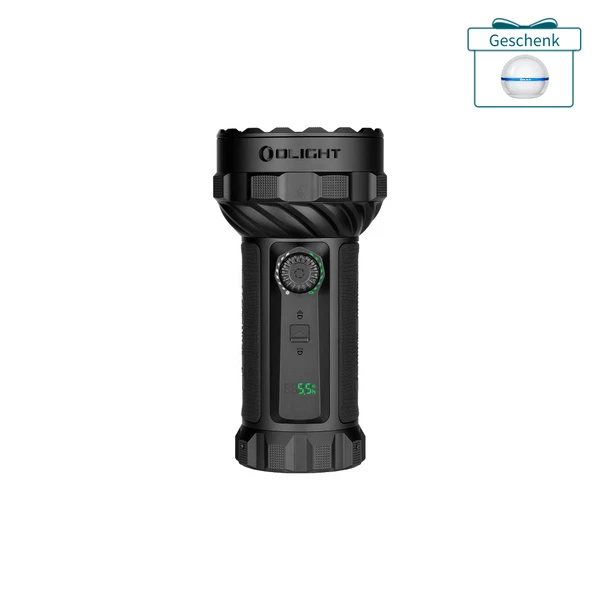 Schwarze Olight Marauder Mini LED Taschenlampe mit digitaler Akkuanzeige und Gratis-Geschenk-Aktion.