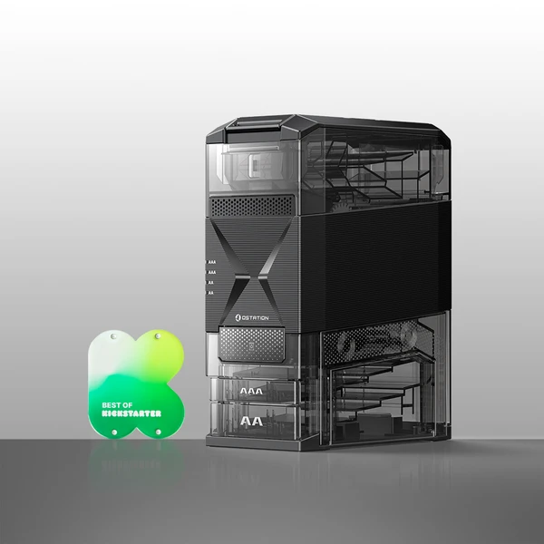 Olight Ostation 2 Pro schwarze transparente Gehäuseansicht, eine multifunktionale Batterielade- und Aufbewahrungsstation für den Heimgebrauch.