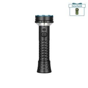 Schwarze LED Taschenlampe mit strukturiertem Griff und blauem Akzentring inklusive Gratis-Clip