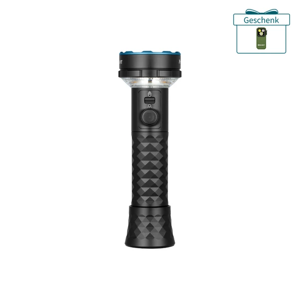 Schwarze LED Taschenlampe mit strukturiertem Griff und blauem Akzentring inklusive Gratis-Clip