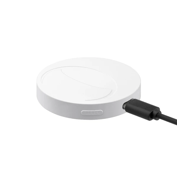 Runde weiße Zigbee Gateway Bridge mit USB-Ladekabel und Reset-Taste für Smart Home Steuerung