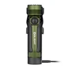 Olight Seeker 4 Pro olivgrüne Taschenlampe in Ladestation mit USB-Ladekabel, ideal für Outdoor und taktische Anwendungen.
