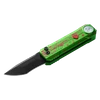 Grünes Taschenmesser mit roten Blutspritzern, integrierter LED-Taschenlampe und schwarzer Tanto-Klinge