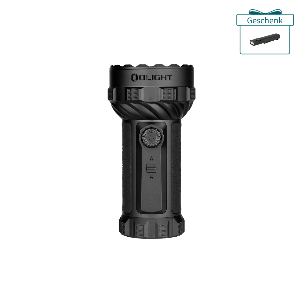 Olight Marauder Mini leistungsstarke LED Taschenlampe in Schwarz mit Geschenk-Aktion oben rechts auf weißem Hintergrund