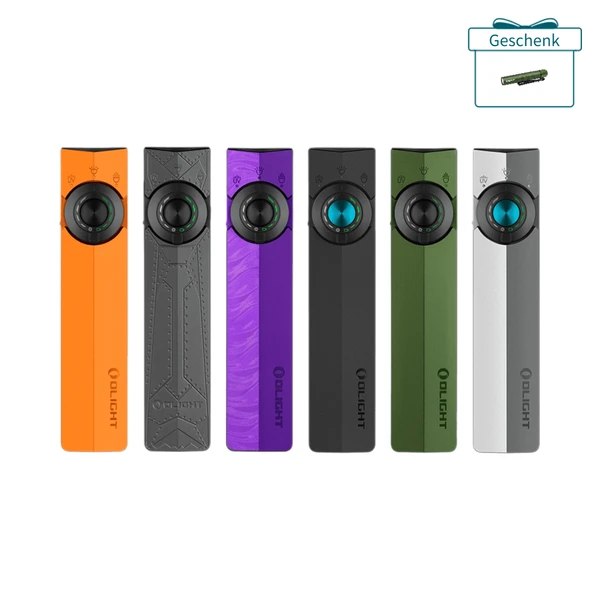 Olight ArkPro graue EDC Taschenlampe in Vorderansicht mit UV-Licht und Laser für Alltag und Beruf