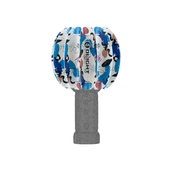 Olight Schlägertasche: bunte Muster, weiß, blau, schwarz, braun, Olight-Logo, grau unten, Nahaufnahme