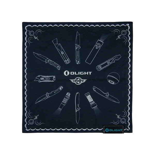 Schwarzes Olight Bandana mit weißen Messer- und Taschenlampen-Grafiken sowie Oknife-Logo.
