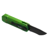Grünes Oknife Taschenmesser mit roten Farbspritzern, schwarzer Klinge und Taschenclip vor schwarzem Hintergrund