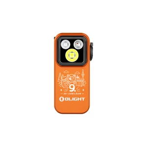 Olight orangefarbene Oclip Pro S Clip-Taschenlampe mit Jubiläums-Gravur in der Frontansicht für Outdoor-Einsätze