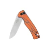Oknife Klappmesser in Orange und Grau mit halb geöffneter Klinge aus 154CM Stahl vor weißem Hintergrund