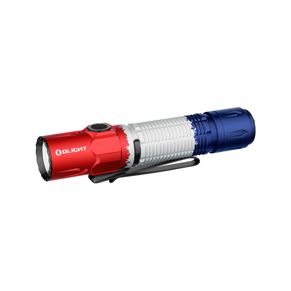 Olight Warrior 3S Tactical Taschenlampe in Rot-Weiß-Blau für den taktischen Einsatz mit leistungsstarker LED und Taschenclip.