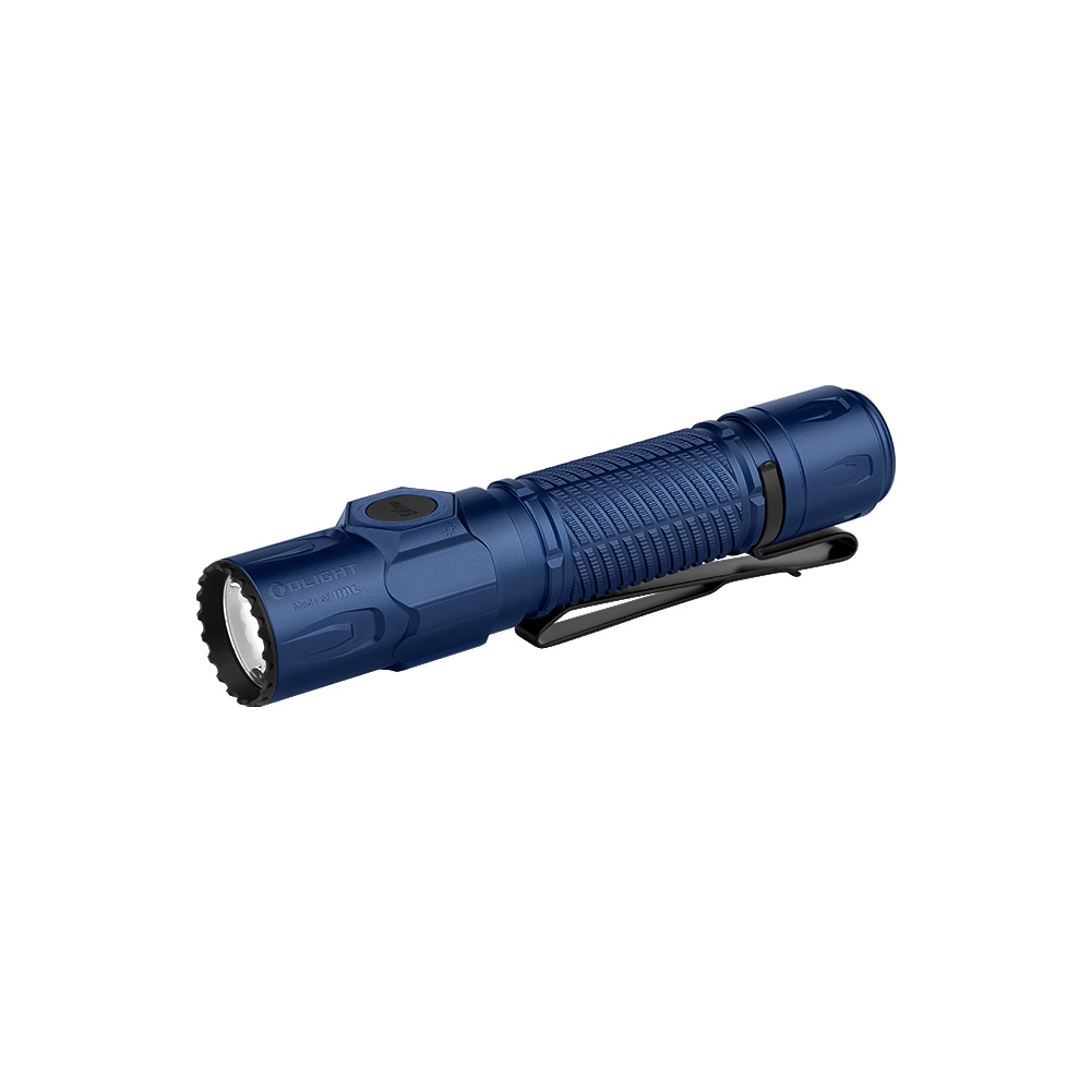 Blaue, langlebige LED-Taschenlampe mit Clip, weißer Hintergrund