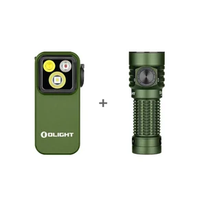 Olight grüne Perun 3 Mini Stirnlampe und kompakte Taschenlampe mit strukturiertem Griff, Vorderansicht, für Outdoor und EDC.