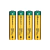 Vier wiederaufladbare Olight AAA NiMH-Batterien mit 950mAh und 1,2V in Gold und Grün vor weißem Hintergrund