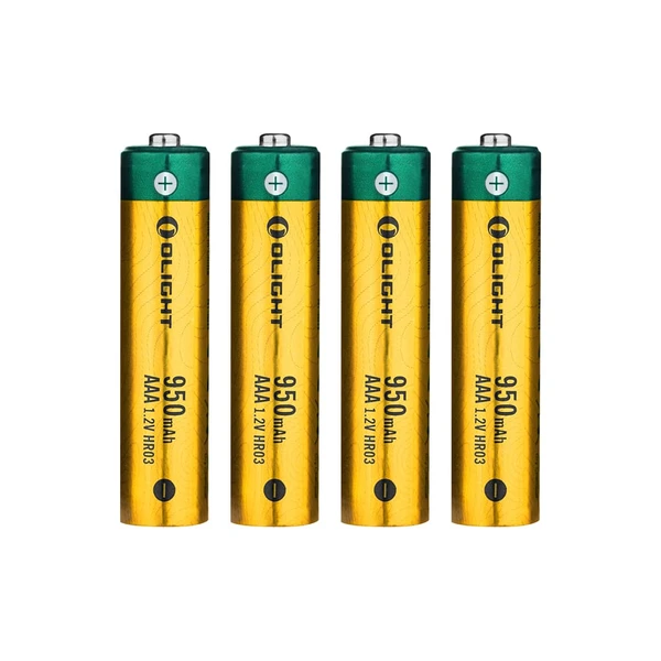 Vier Olight AAA Akkus 950mAh 1.2V HR03 in Gold und Grün für Taschenlampen