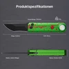 Produktspezifikationen des grünen Klappmessers mit Taschenlampe und genauen Abmessungen in Millimetern