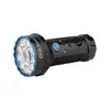 Schwarze Olight Marauder Mini LED Taschenlampe in Seitenansicht mit blauem Bezel für Outdoor und Camping