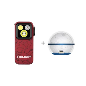 Olight rote Perun 3 Mini Taschenlampe, Frontansicht mit strukturiertem Gehäuse und LEDs, im Set mit Sphere C Ladegerät für Outdoor.