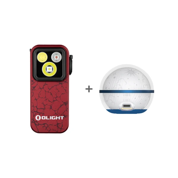 Olight rote Perun 3 Mini Taschenlampe, Frontansicht mit strukturiertem Gehäuse und LEDs, im Set mit Sphere C Ladegerät für Outdoor.