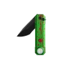 Grünes EDC-Taschenmesser mit integrierter LED-Taschenlampe, schwarzer Klinge und rotem Blutspritzer-Muster auf schwarzem Grund