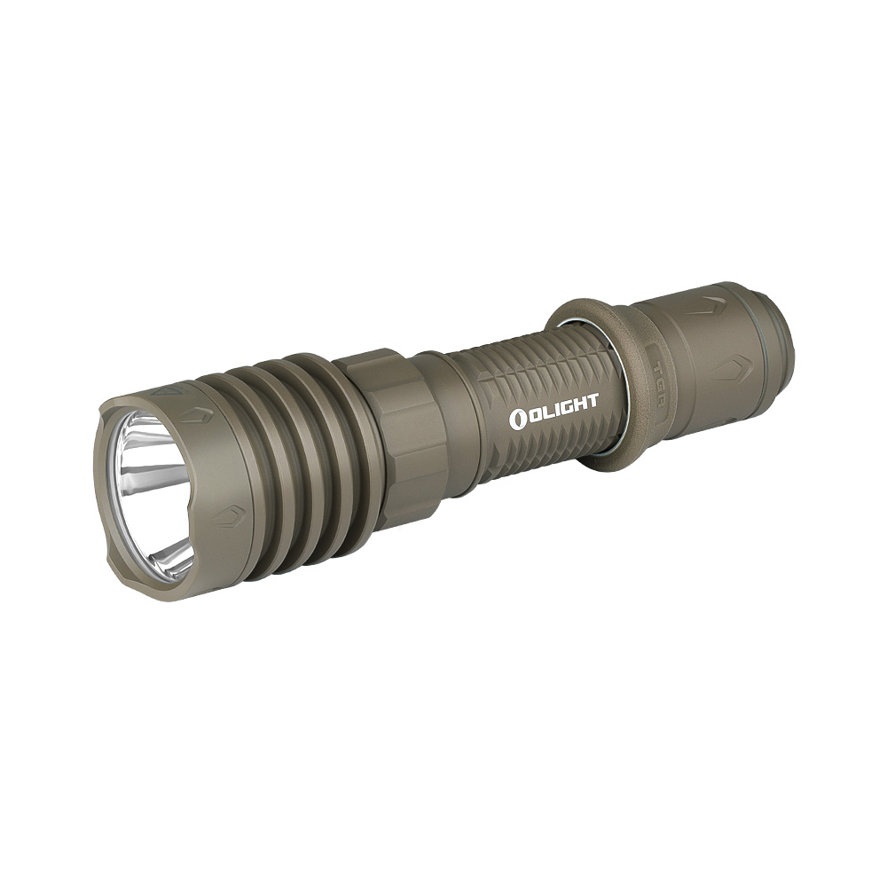 Olight Warrior X 4 taktische Taschenlampe in Khaki-Grün, Seitenansicht mit Texturgriff für Outdoor-Beleuchtung