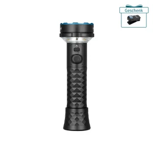 Schwarze LED-Taschenlampe, rutschfestes Design, blaue Akzente, intuitive Bedienelemente, leistungsstarke Outdoor-Beleuchtung