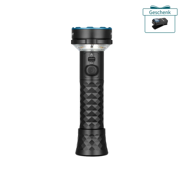 Schwarze LED-Taschenlampe, rutschfestes Design, blaue Akzente, intuitive Bedienelemente, leistungsstarke Outdoor-Beleuchtung